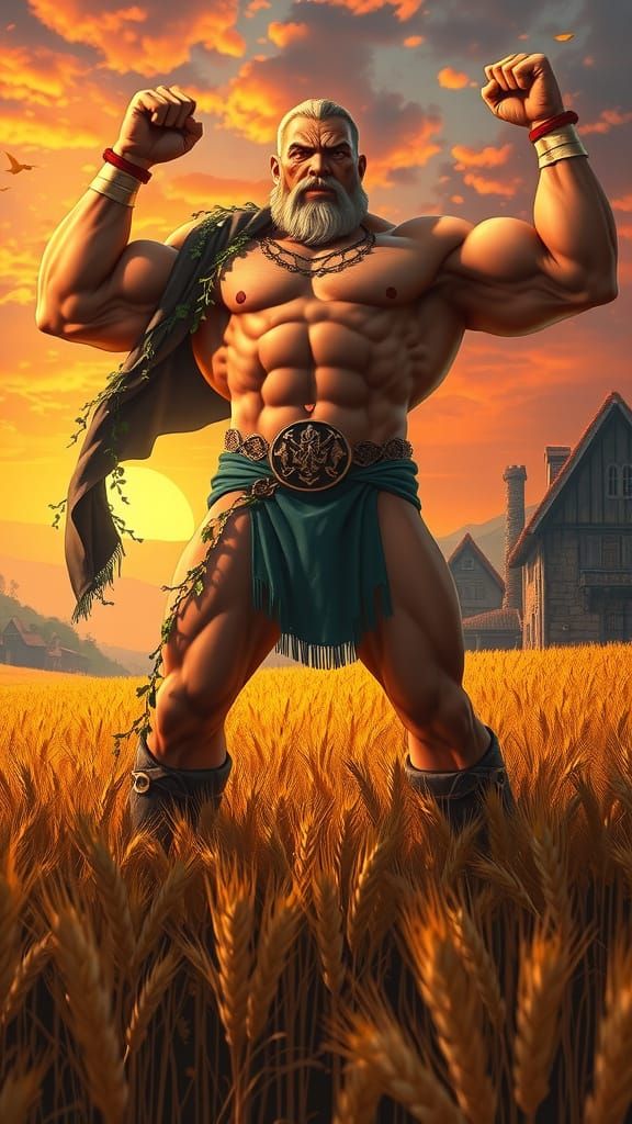 Harvest Deity Wrestler Amidst Golden Wheat Field