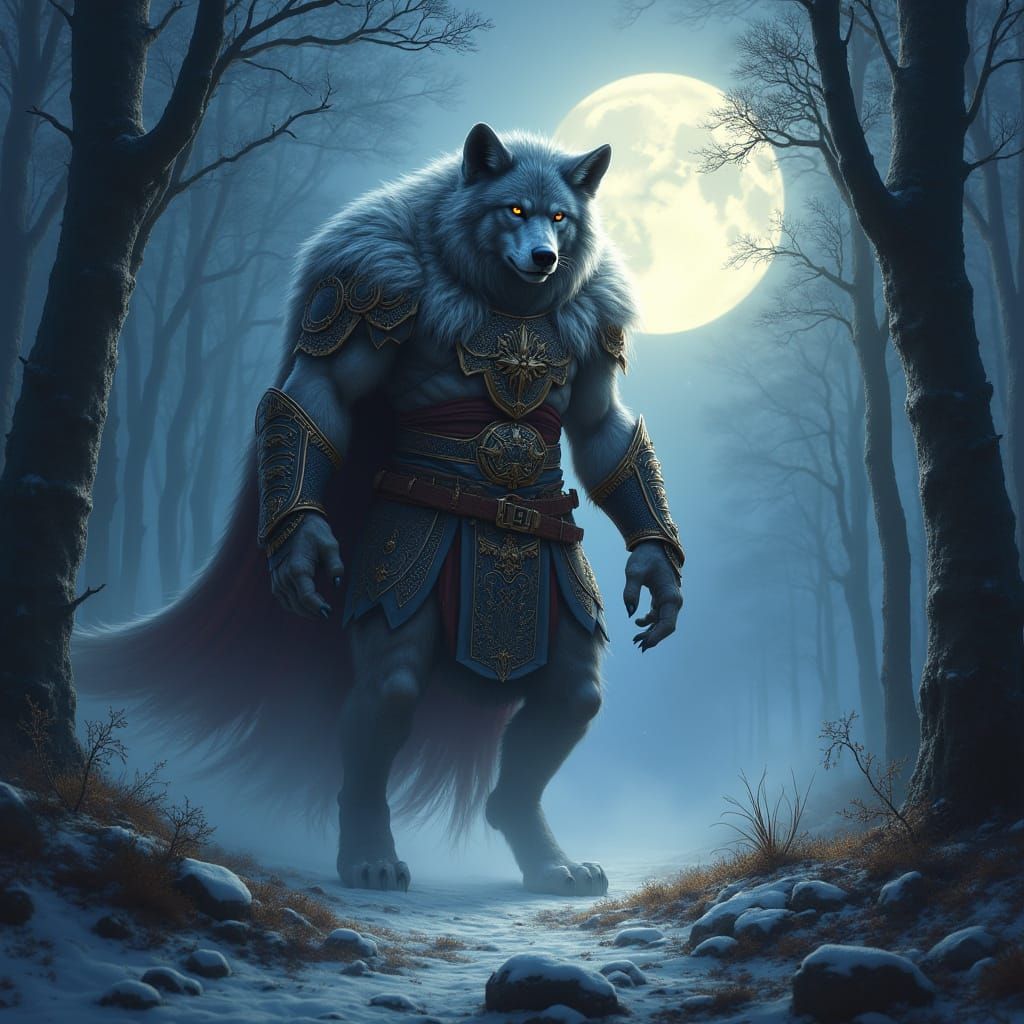 Bipedal Werewolf Viking Warrior Under Full Moon