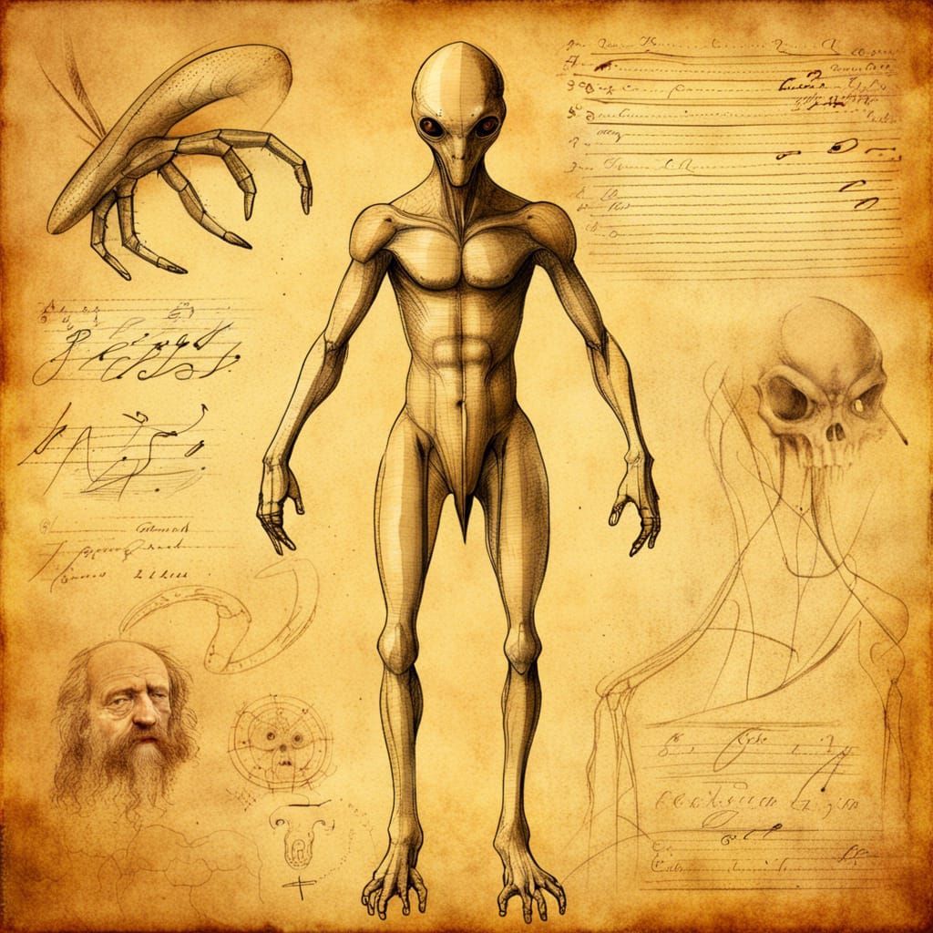 Alien Anatomy Sketch in Da Vinci Style