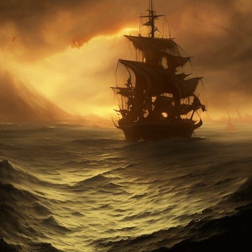 Pirate Ship Battle in Sinister Romanticism Style