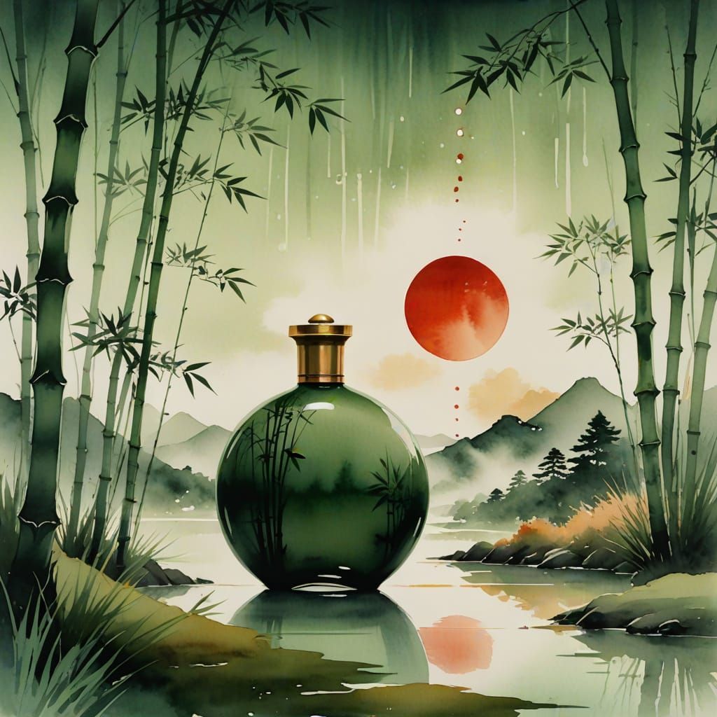 Ethereal Bamboo Flask Amidst Pine Hills in Watercolor Style