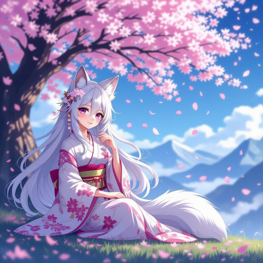 Celestial Fox Spirit Under Sakura Tree, Anime Style