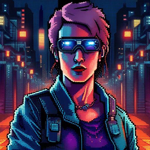 Cyberpunk Cyborg Pixel Art in Neon Dystopia
