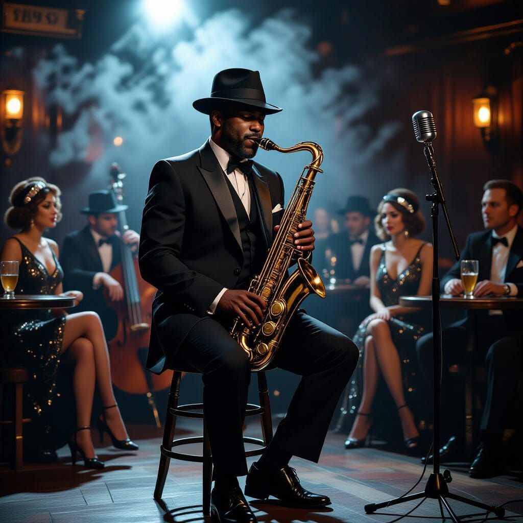 Speakeasy Saxophonist in Photorealistic Style