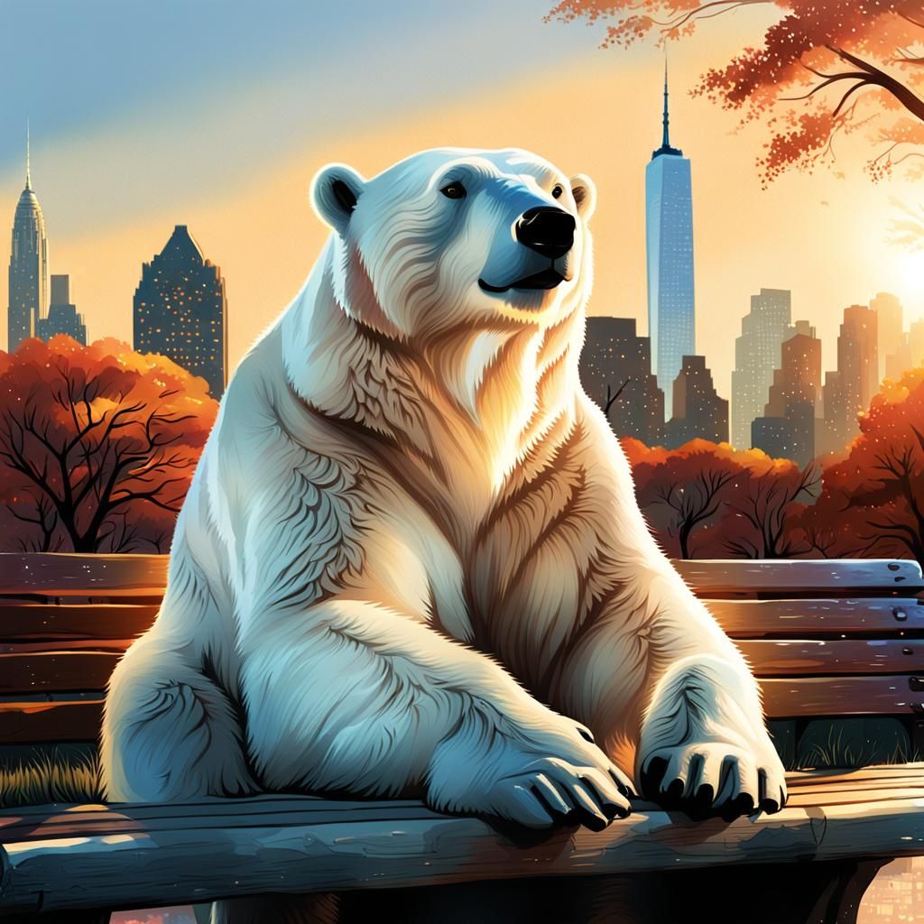 Polar Bear Sits in Central Park: Cartoon Art