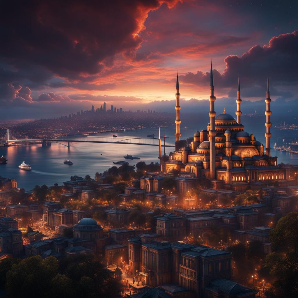 Futuristic Istanbul and Bosporus View in Detailed Digital Pa...