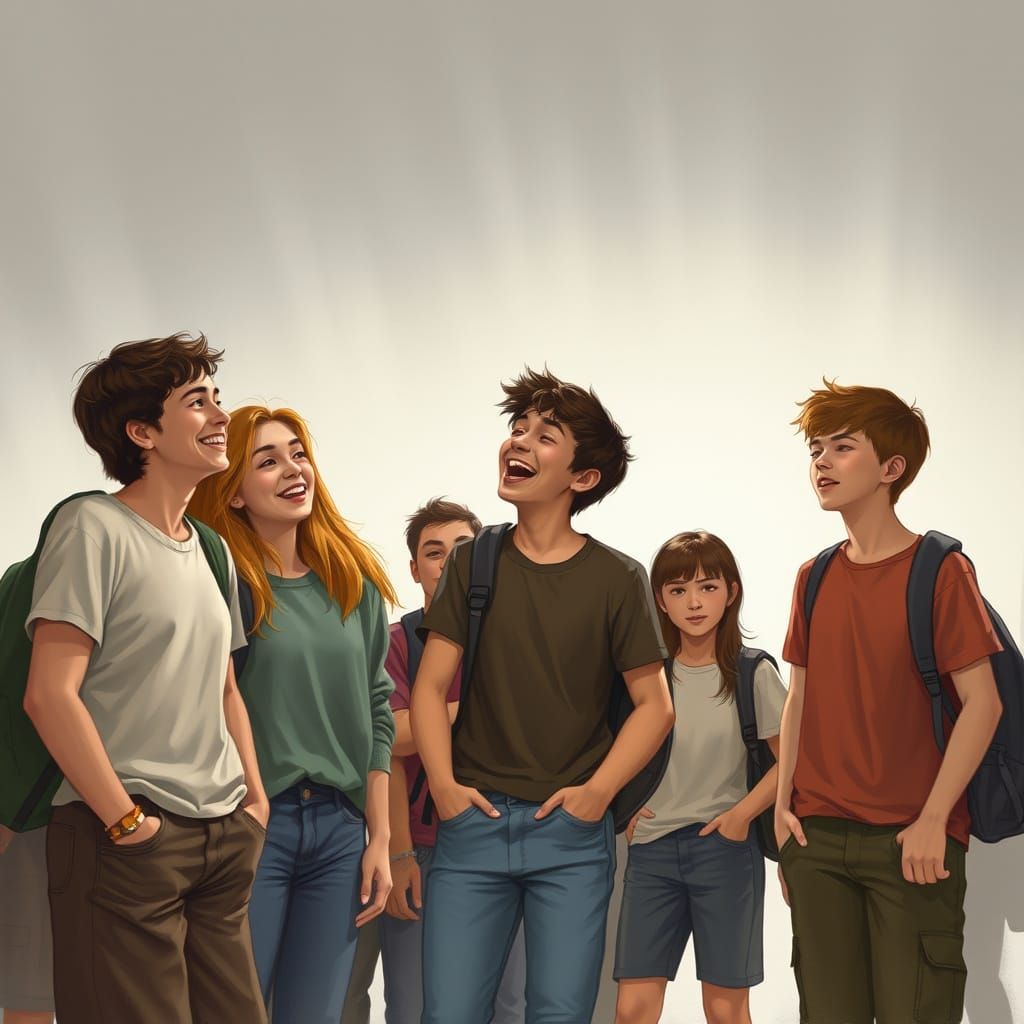 Teenagers Laughing, One Left Out, Warm Style