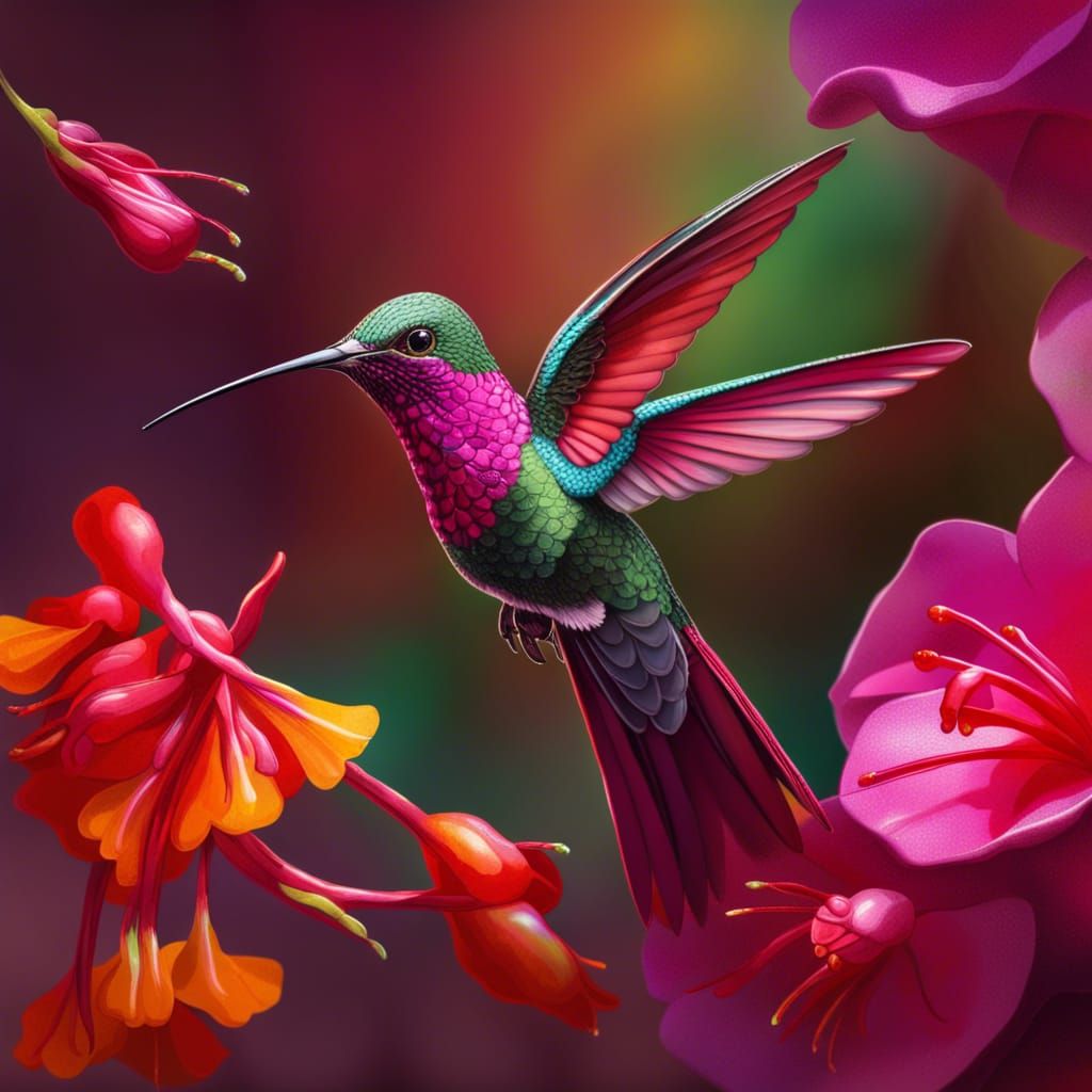 Hyperrealistic Red-Tailed Hummingbird with Flowers