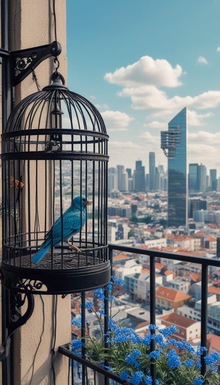 Robotic Bird in Futuristic City Balcony View