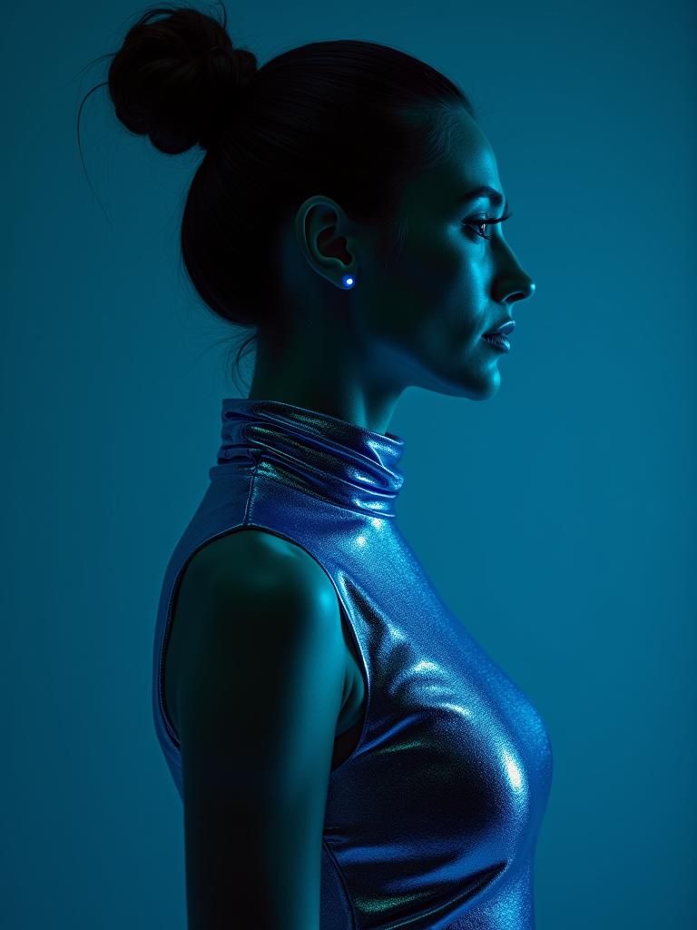 Futuristic Bald Model in Metallic Dress