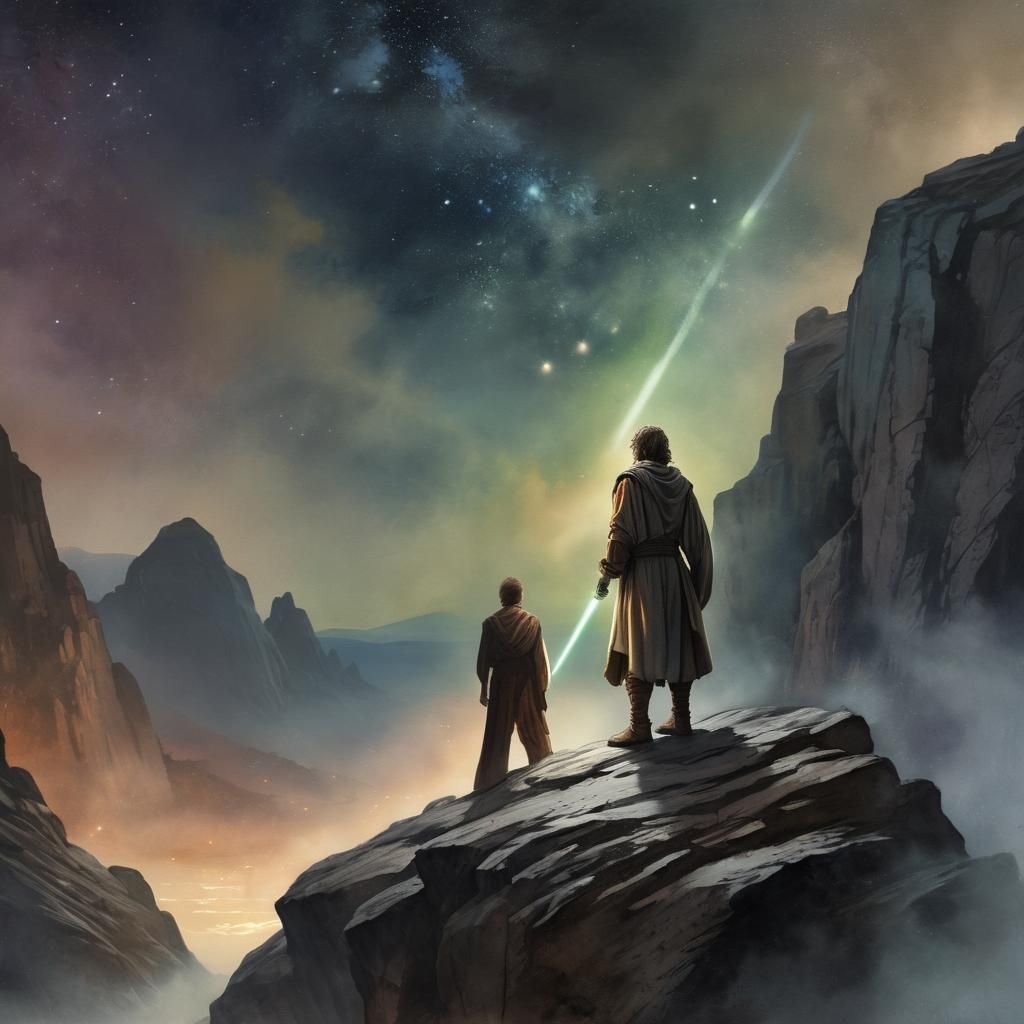 Jedi Knight Overlooking Galaxy: Watercolor Rembrandt-Inspire...