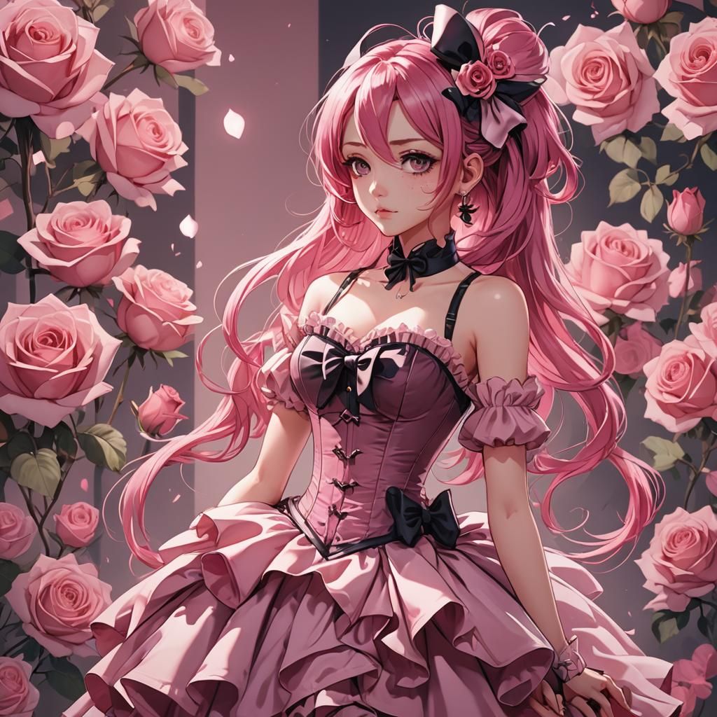 Girl in Pink Corset Dress: Cel-Shaded Anime Art