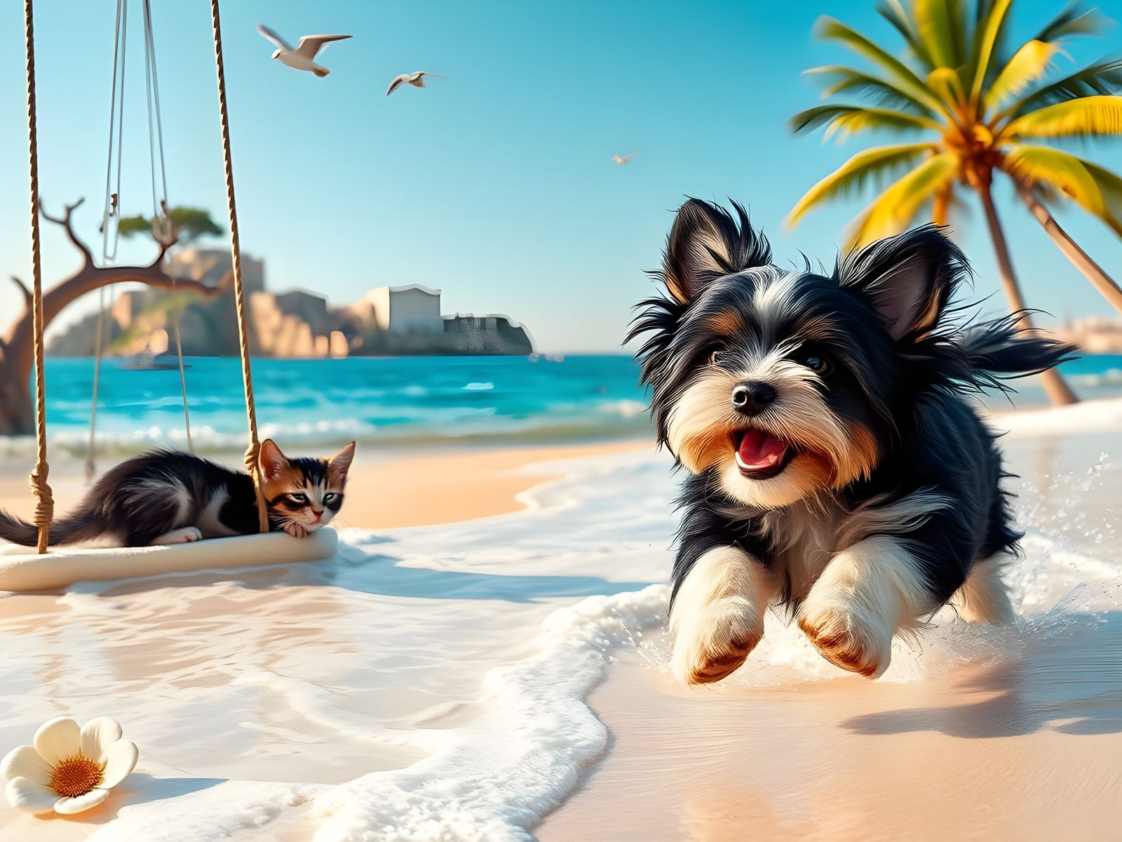 Joyful Yorkshire Terrier Puppy Plays on Mediterranean Beach