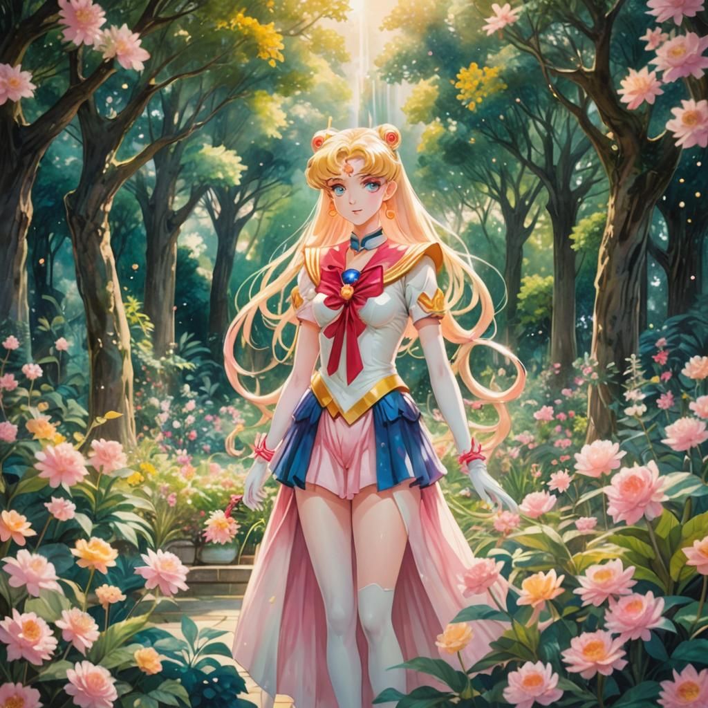 Sailor Moon in a Palace Garden: Whimsical Manga Illustration