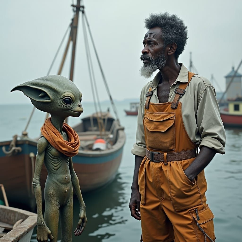Fisherman and Alien on the Dock: Magical Realism Portrait