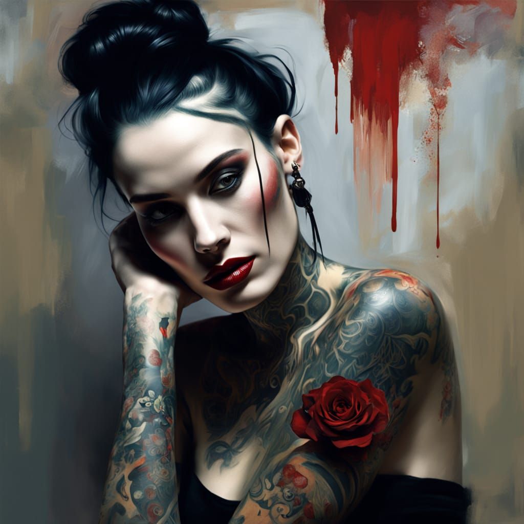 Tattooed Rock Girl in Oil Drawing