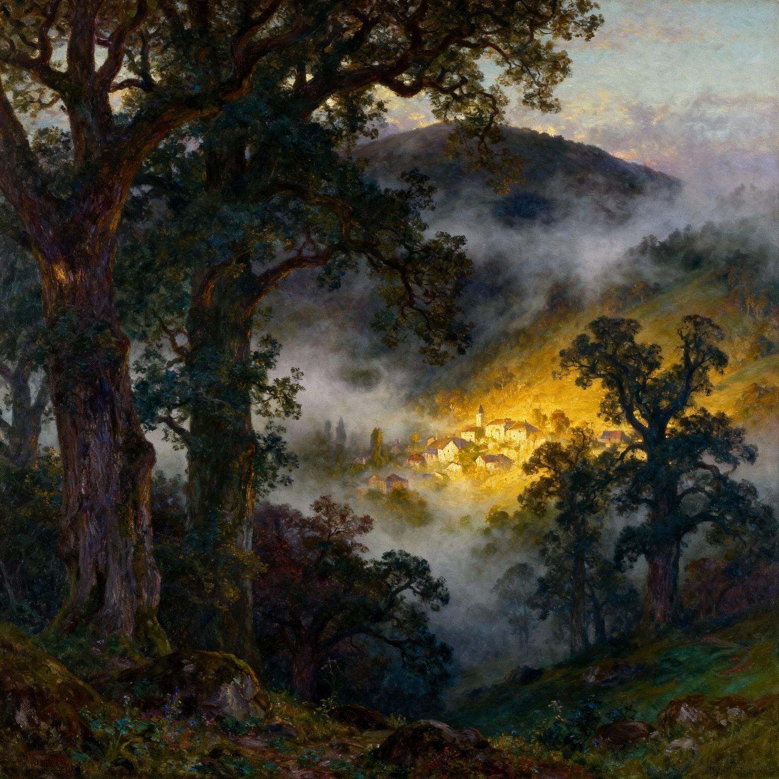 Ethereal Brigadoon Landscape in Romantic Oil Painting Style