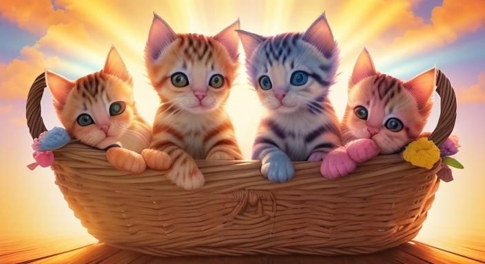 Playful Kittens in Wicker Basket, Hyperrealistic Style