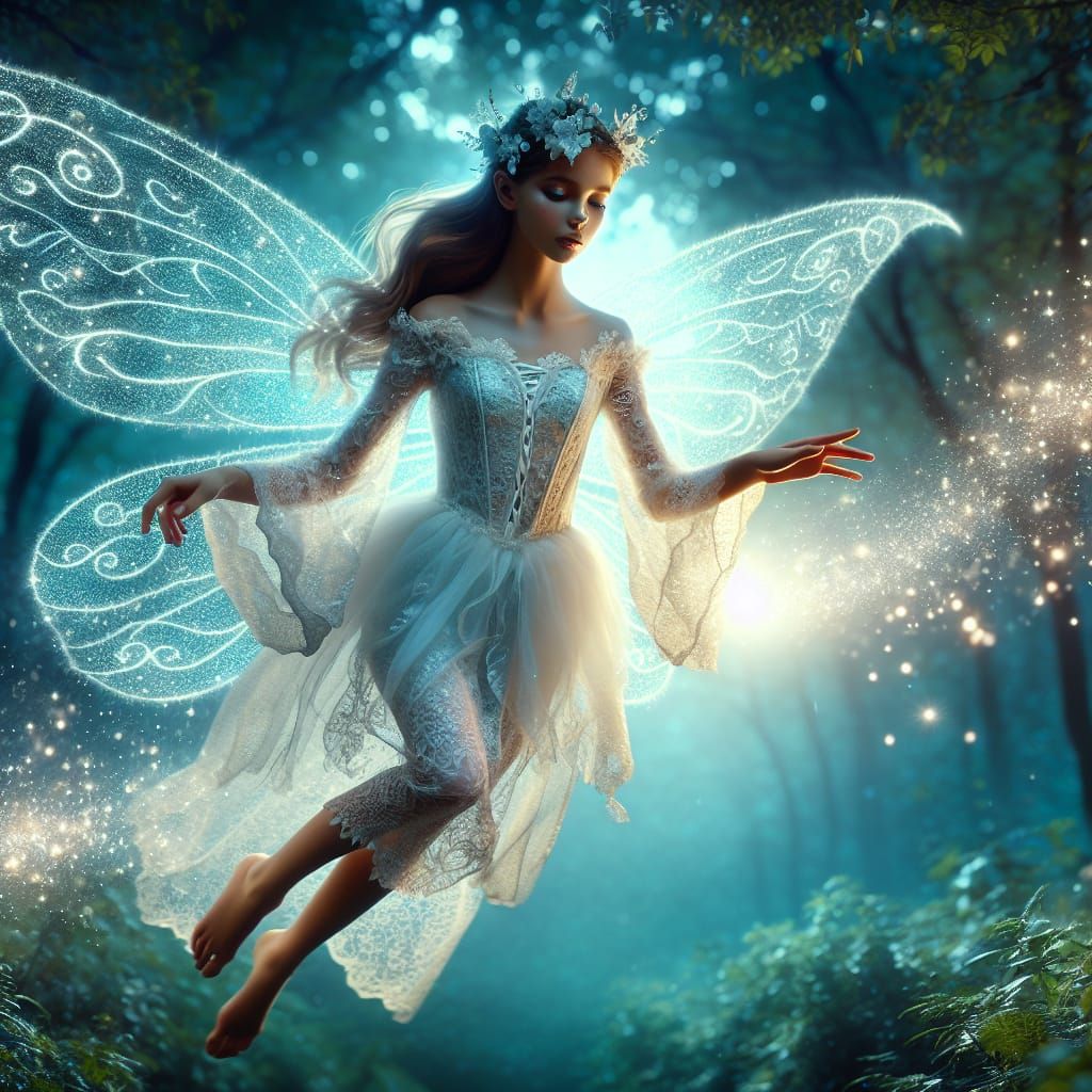 Adorable Fairy with White Outfit in Enchanted Forest