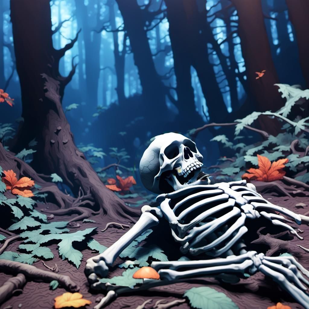 Detailed Dark Forest with Skeleton: Hyperrealistic Concept A...