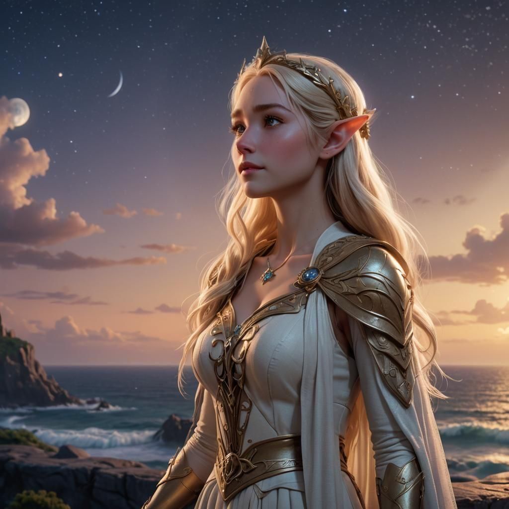 Blonde High Elven Princess Overlooking Ocean in 3D
