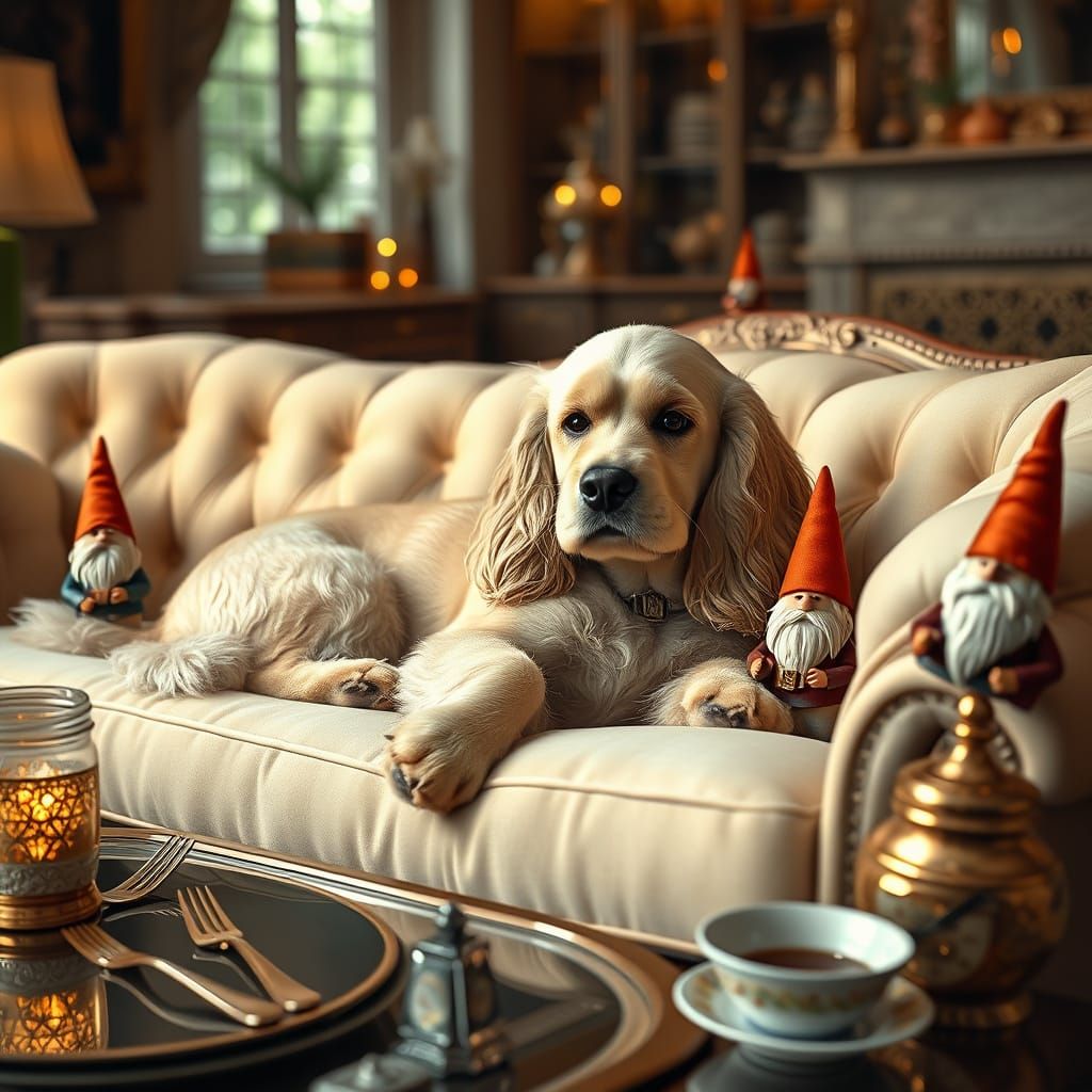 Cocker Spaniel and Gnomes in Elegant Living Room