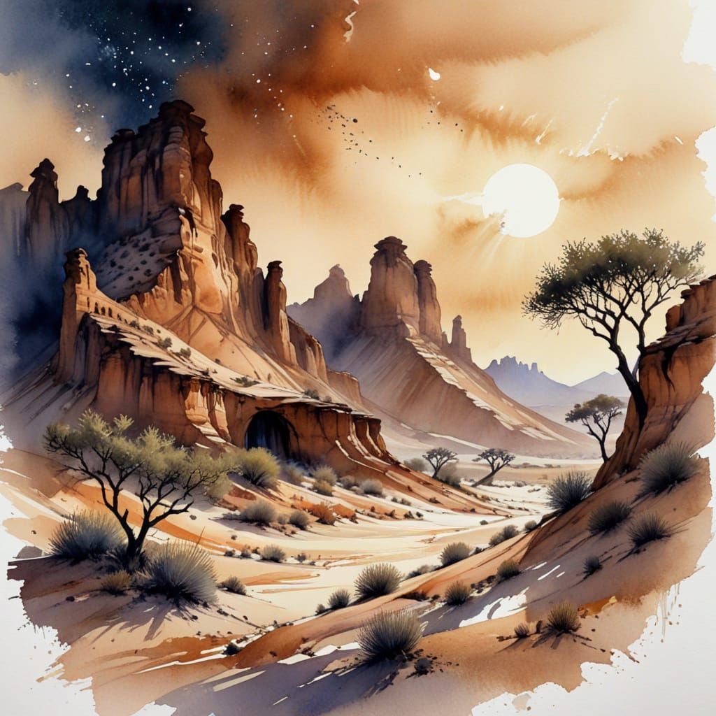 Desert Caravan Under Starry Sky in Watercolor