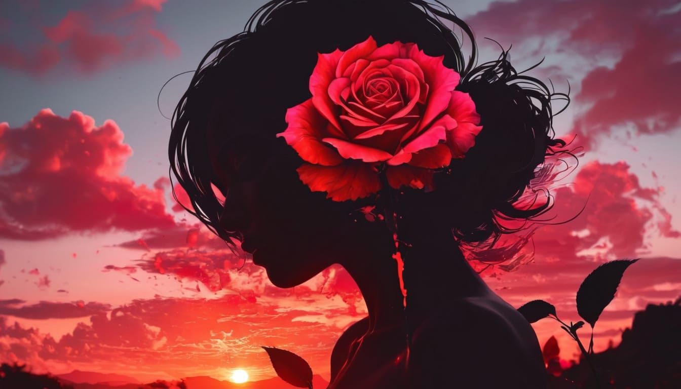 Surreal Sunset Rose Double Exposure Art in Anime Style