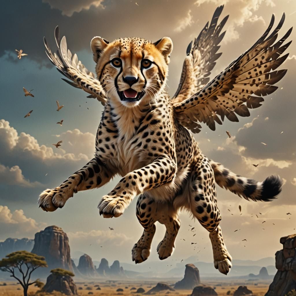 Winged Cheetah Airborne in Dramatic Digital Painting