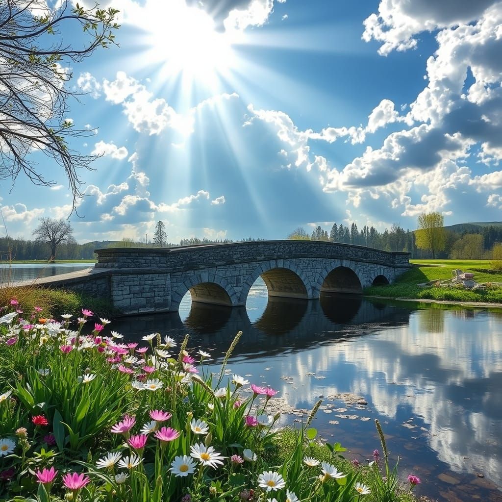 Dreamy Spring Morning Over a Serene Stone Bridge