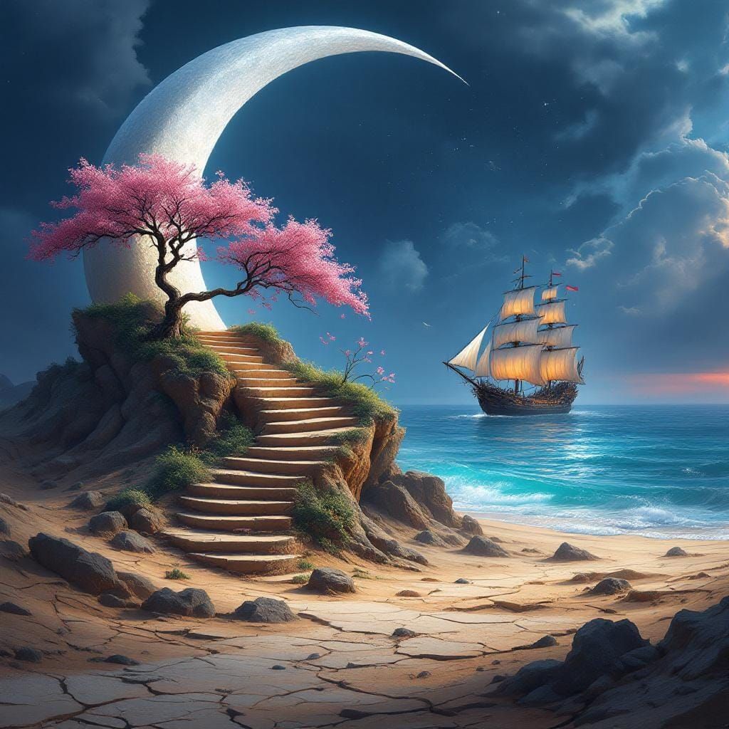 The image is of a broken Crescent Moon sitting on drought dr...