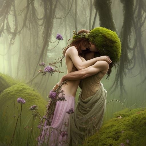 Moss and Flower Couple in Romantic Embrace