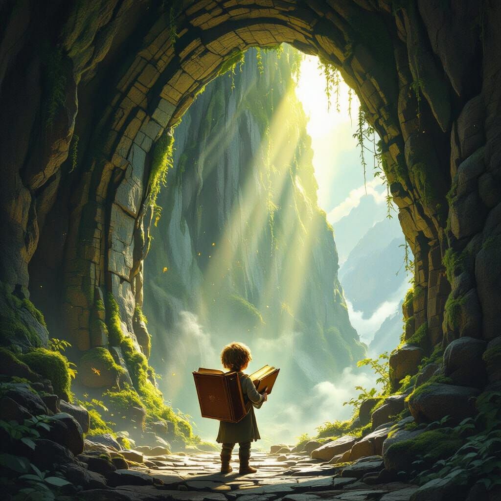 Child Explorer Enters Ancient Mountain Library in Fantasy Ar...