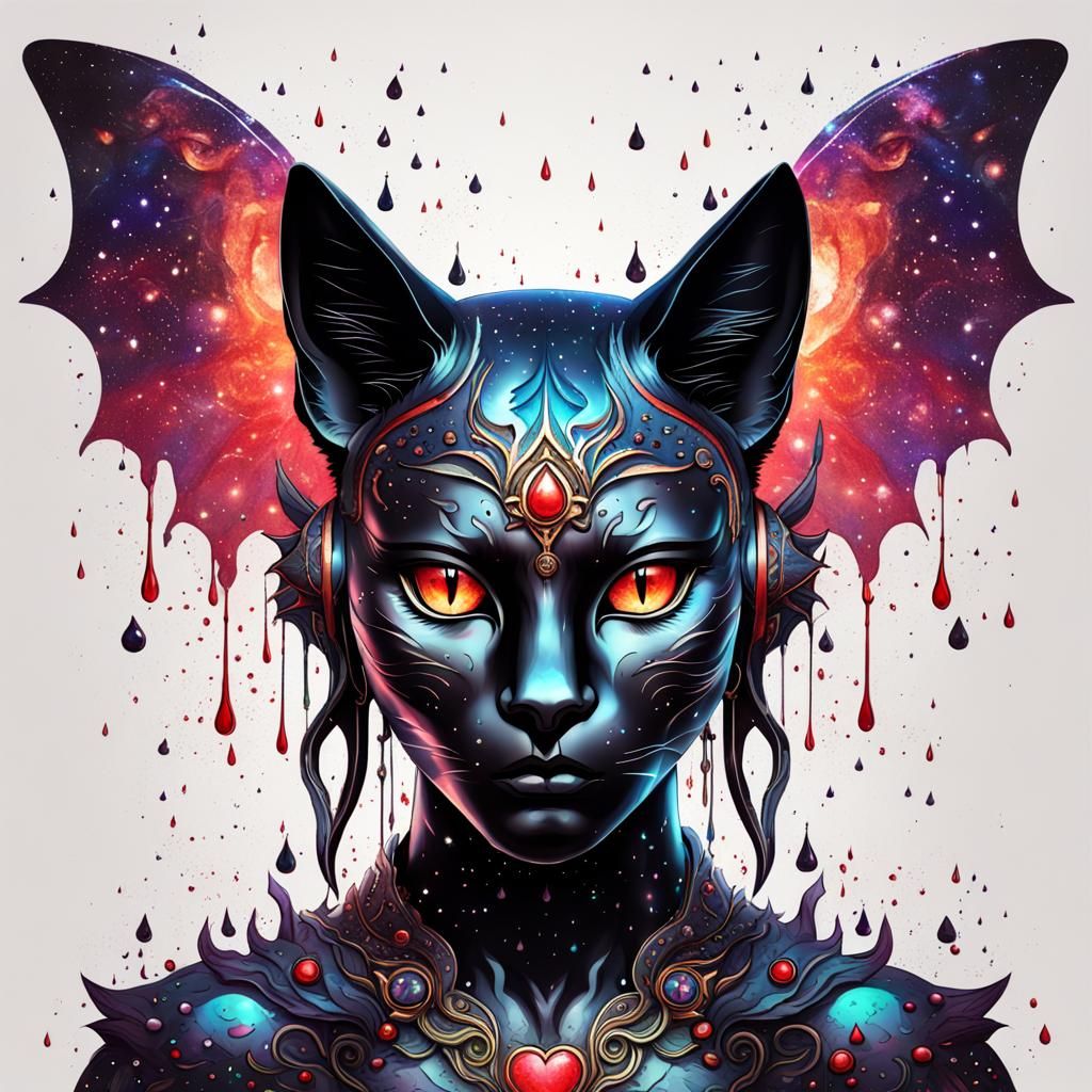 Cosmic Cat Goddess with Bat Wings