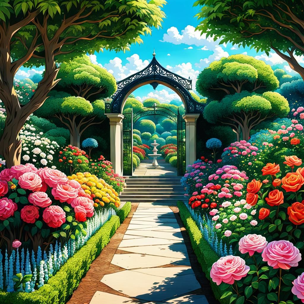 Anime Rose Garden with Colorful Details