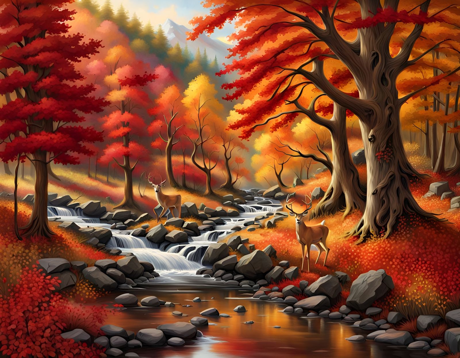 Hyperrealistic Autumn Stream with Deer, Matte Painting