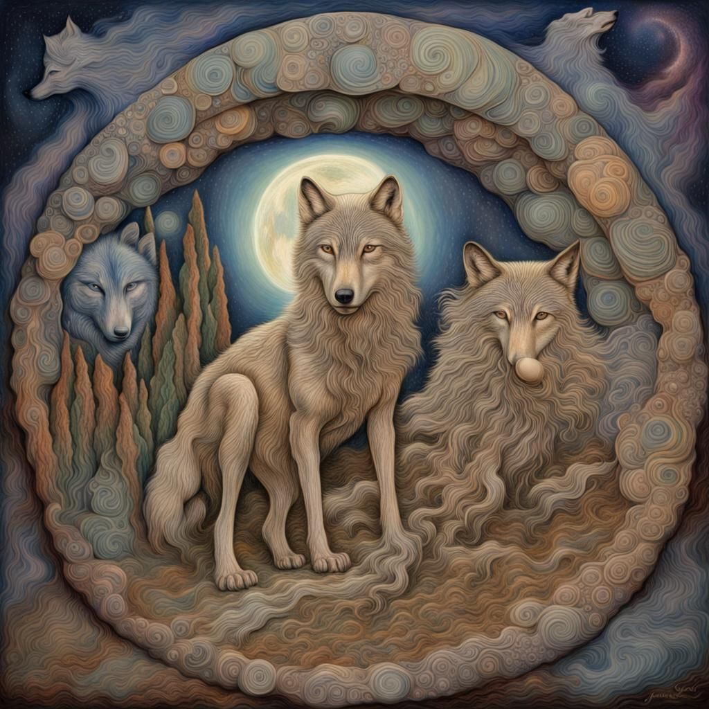 Cosmic Wolf Howling at Moon in Tonalist Style