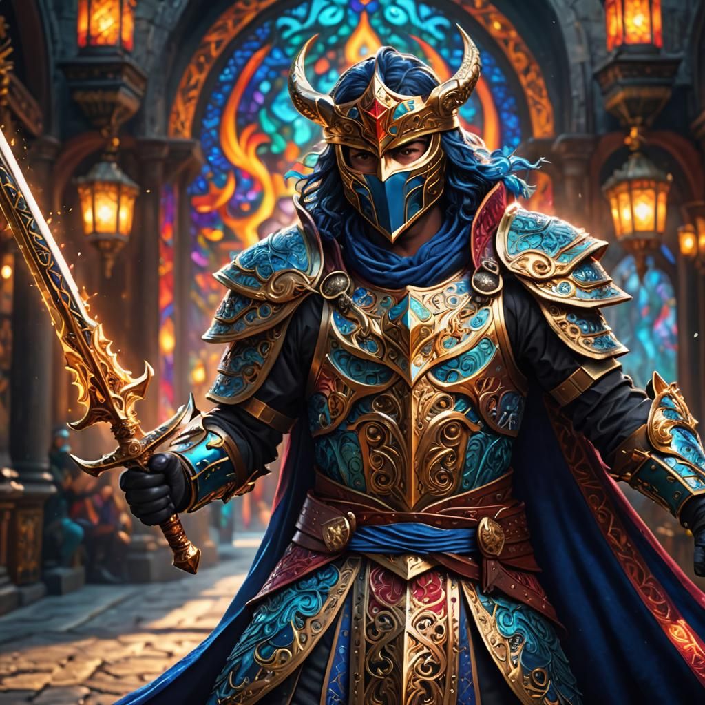 Battle Mage with Mask and Sword in Dramatic Style