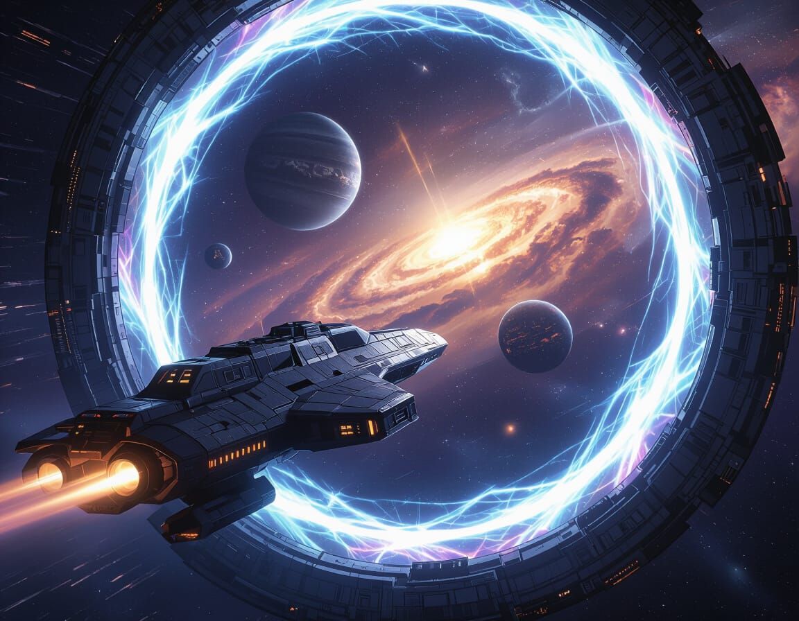 Armored Spaceship Travels Through Energy Portal in Deep Spac...