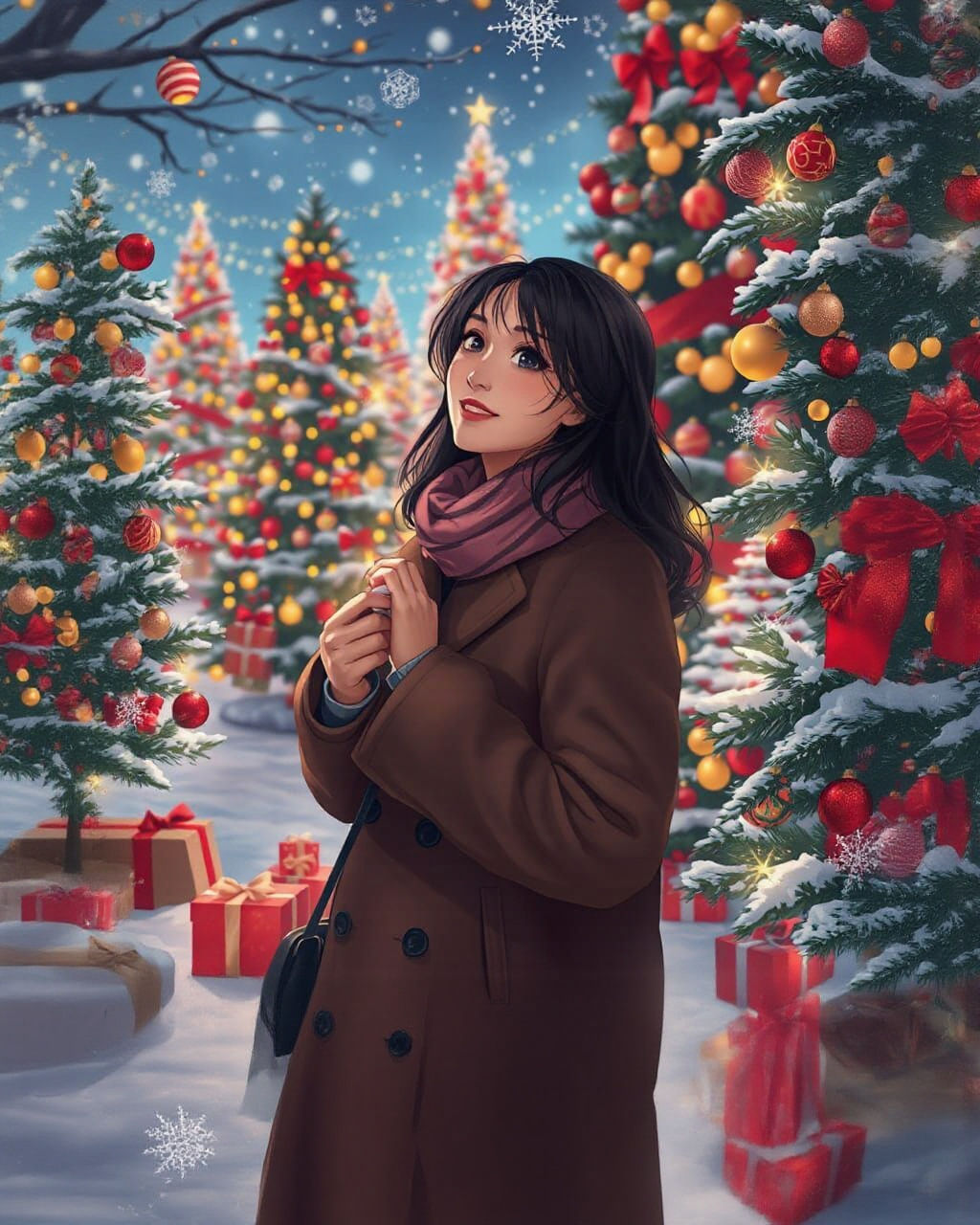 Christmas Party Scene with Decorated Trees in Anime Style