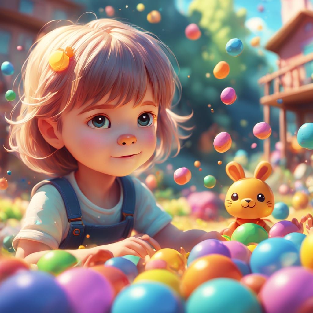Children Playing with Colorful Toys in Vibrant Digital Paint...