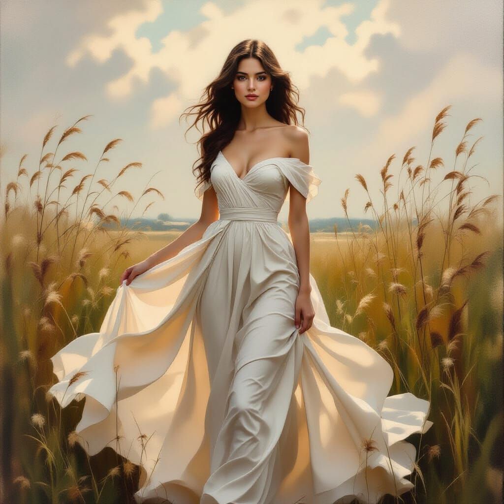 Elegant Girl in Flowing Dress: Realistic Oil Painting