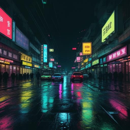 Neon Reflections in a Cyberpunk Hong Kong Cityscape