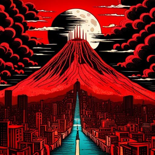 Volcano Over Blackened Cityscape in Shunya Yamashita Style