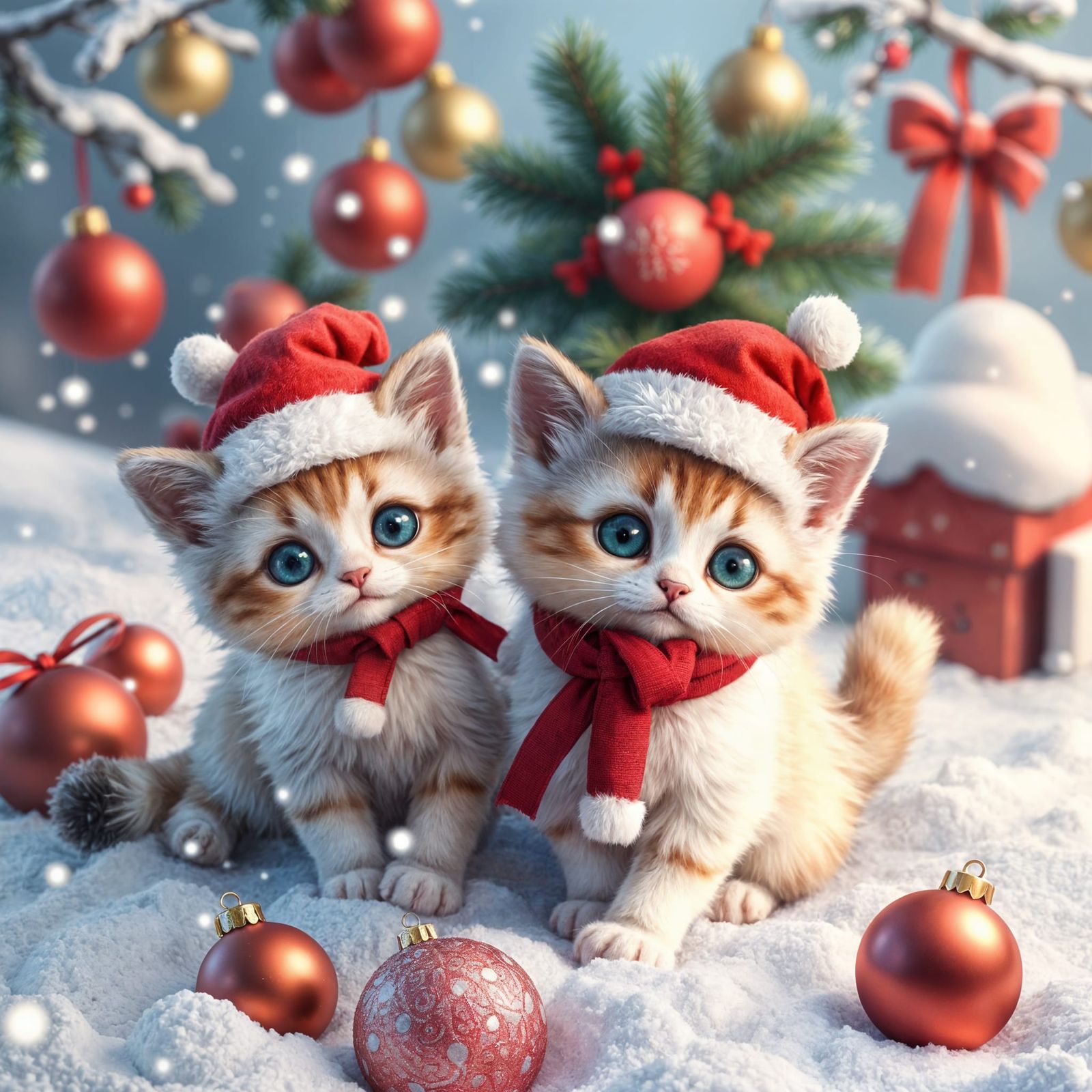 Surreal Anime Kittens in Christmas Wonderland Scene