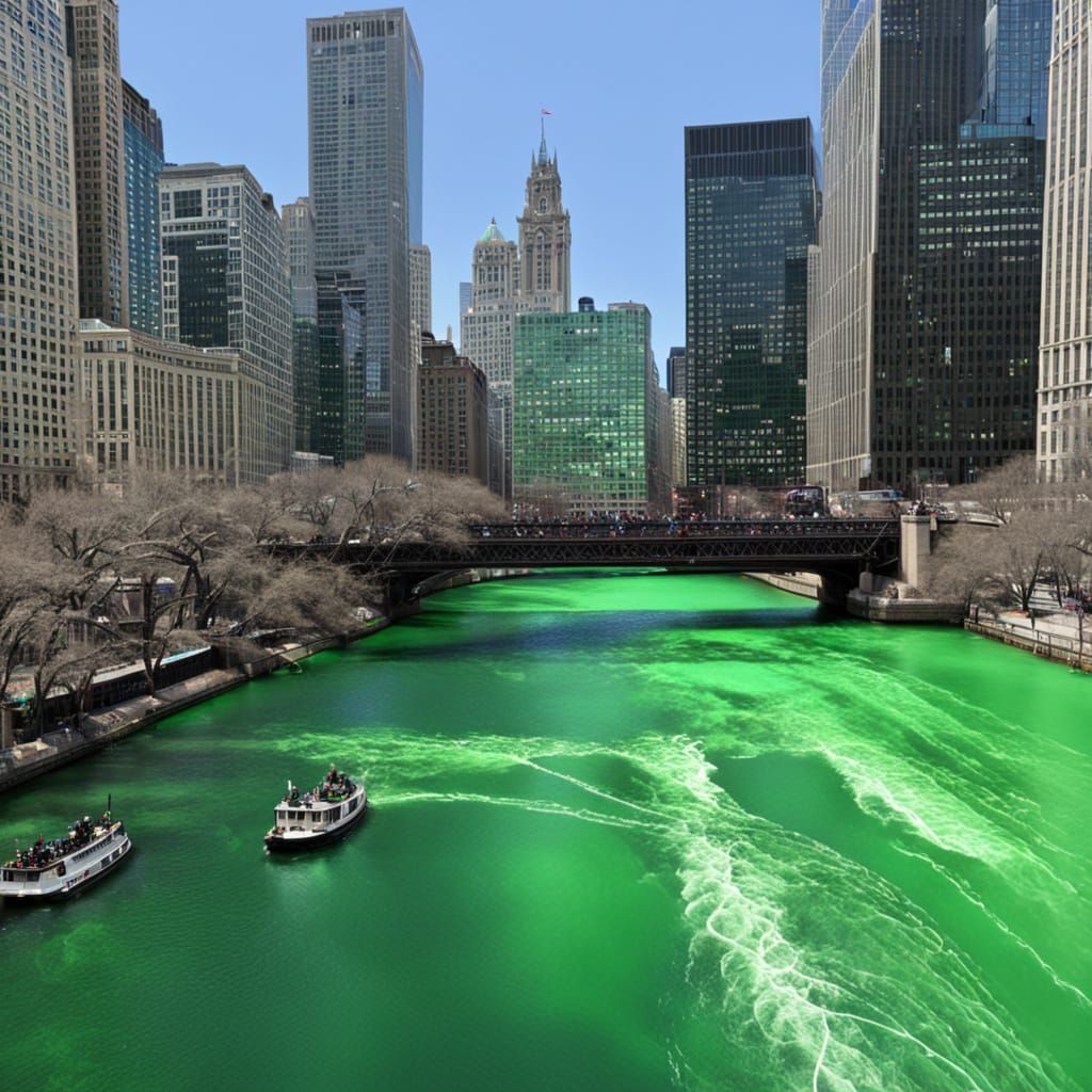 Chicago River Dyed Emerald Green for St. Patrick's Day