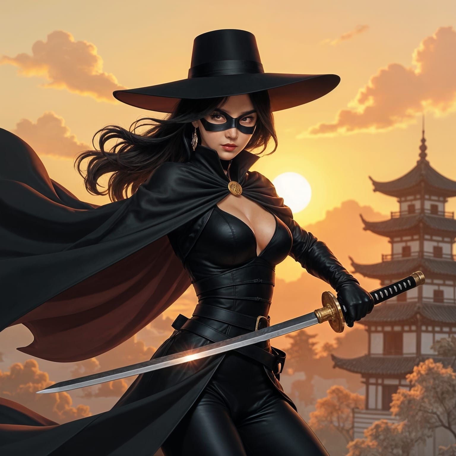 Korean Zorro Woman in Dynamic Sword Pose