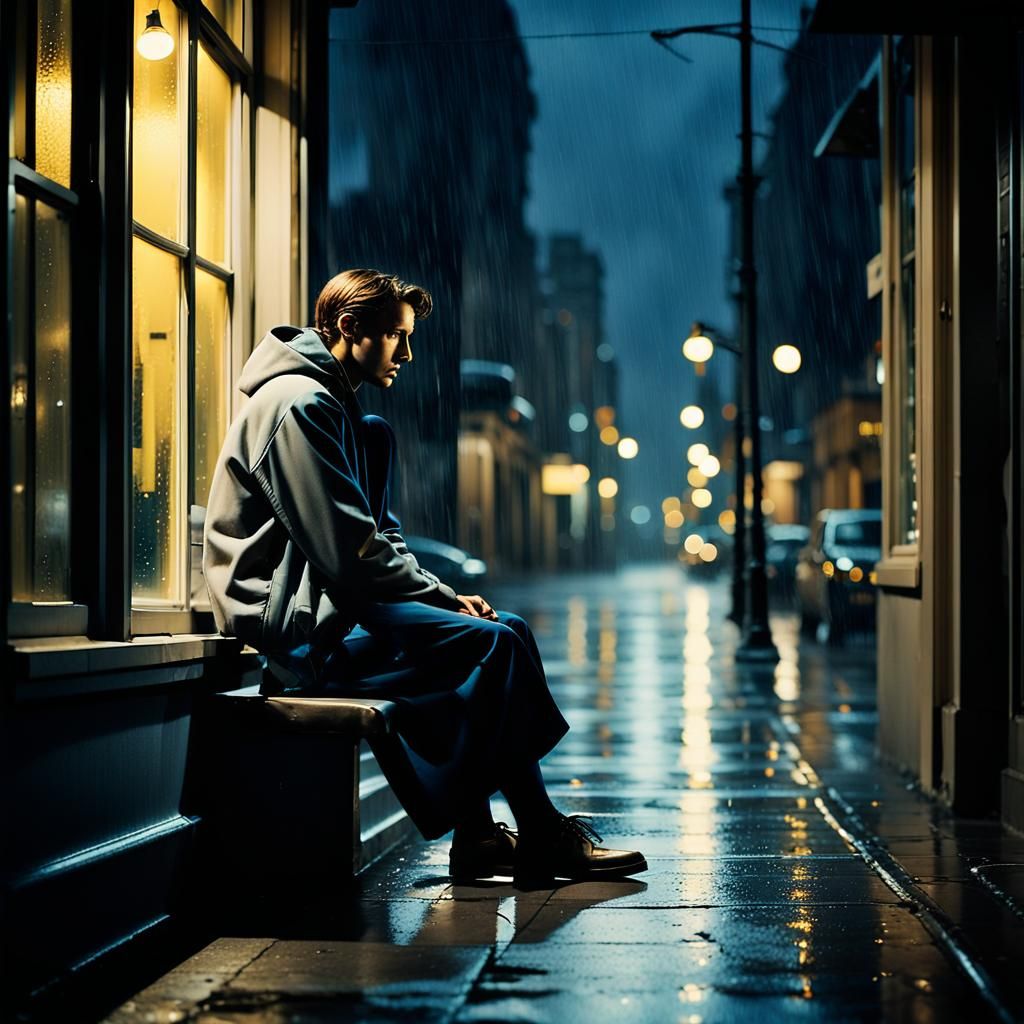 Moody Film Noir Night Scene of Person at Window