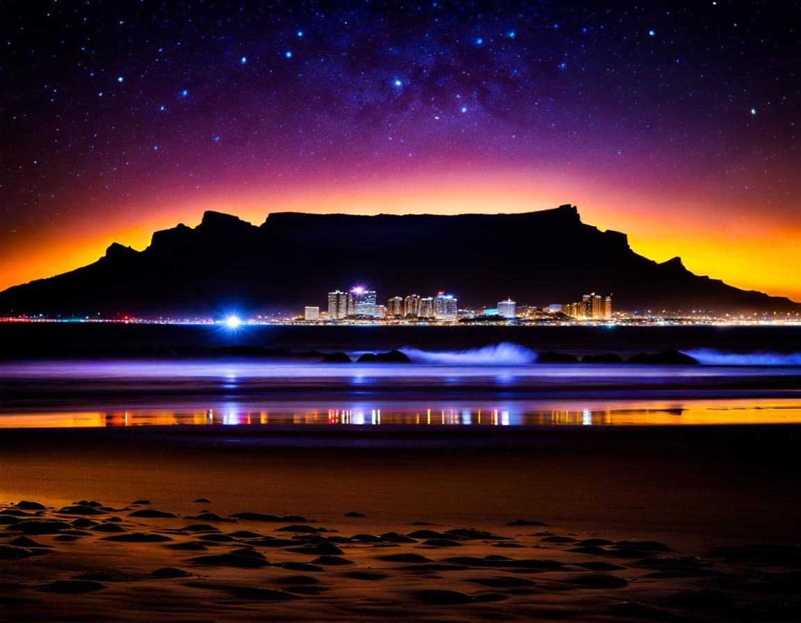 Night View of Table Mountain from Blouberg Beach