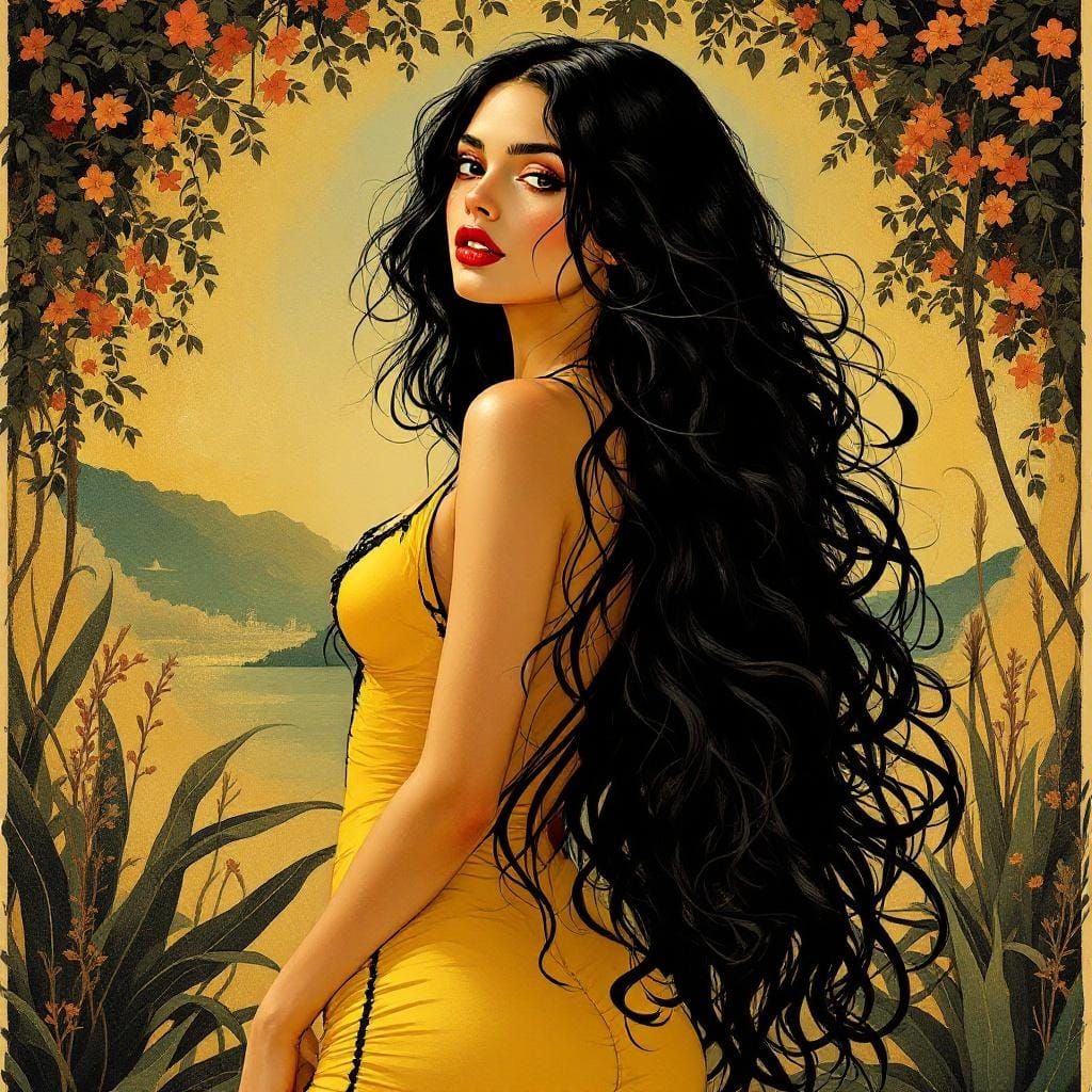 Black-Haired Beauty in Yellow Dress, Art Nouveau Style
